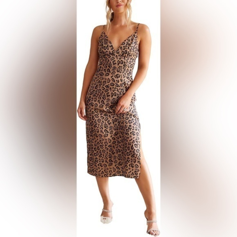 Cupshe Leopard Print Satin Women's Spotlight V-Neck Midi Slip‎ Dress RefCPS036